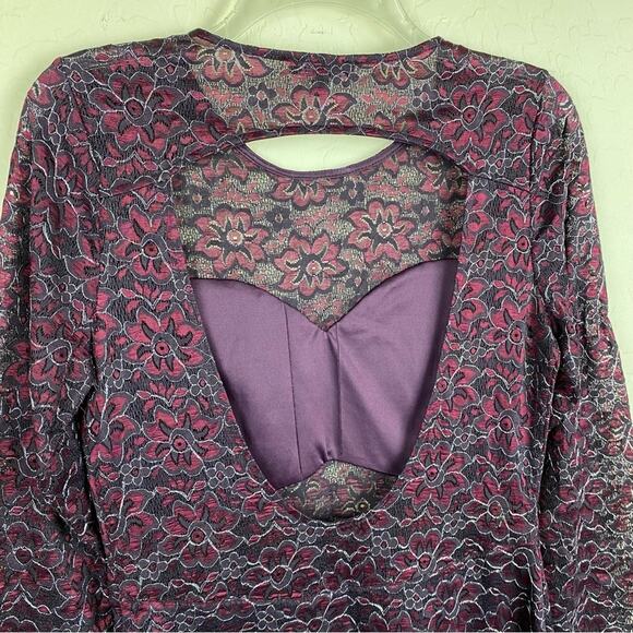 Express Floral Metallic Lace Long Sleeve Dress Purple Womens Sz M Party Preppy - Picture 10 of 12